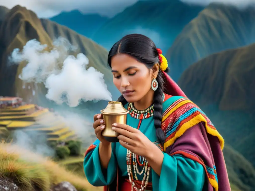 Una mujer peruana en traje tradicional sirviendo mate de coca en paisajes andinos