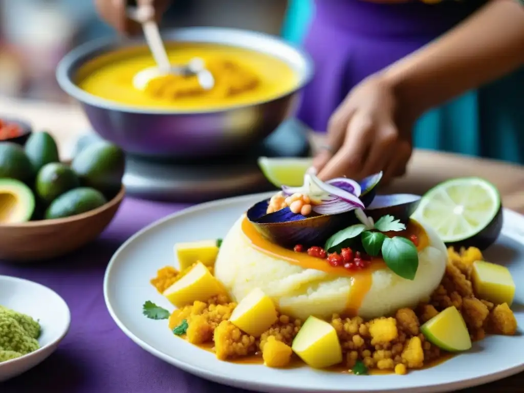 Una mujer peruana en traje tradicional prepara Causa Limeña con ingredientes coloridos en un mercado