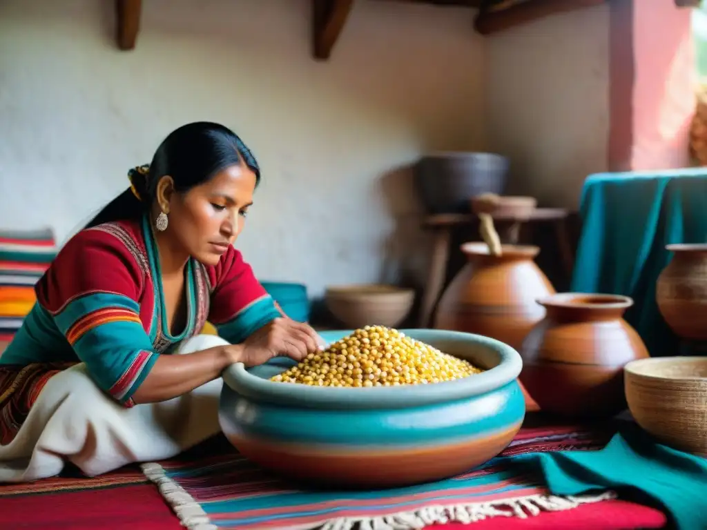 Una mujer peruana en traje tradicional preparando chicha de jora en una vasija de cerámica rodeada de textiles andinos vibrantes y utensilios