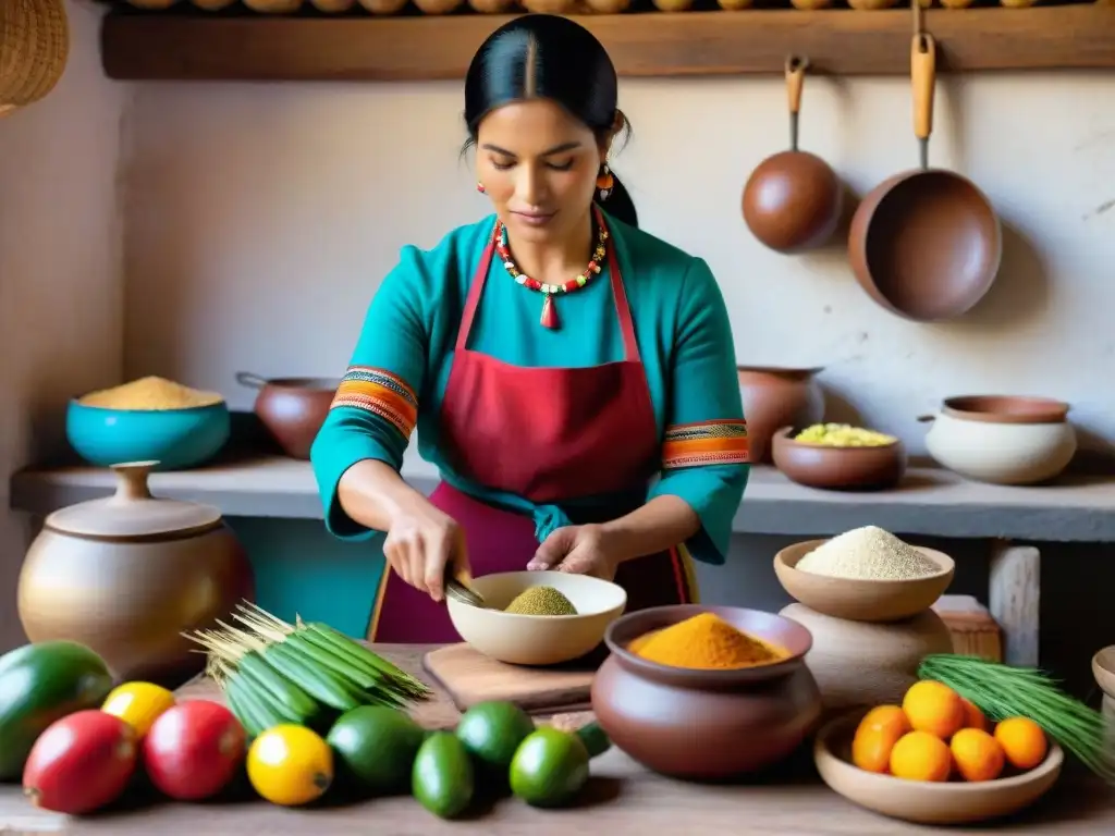 Una mujer peruana en traje tradicional cocina ingredientes nativos con destreza en una cocina rústica