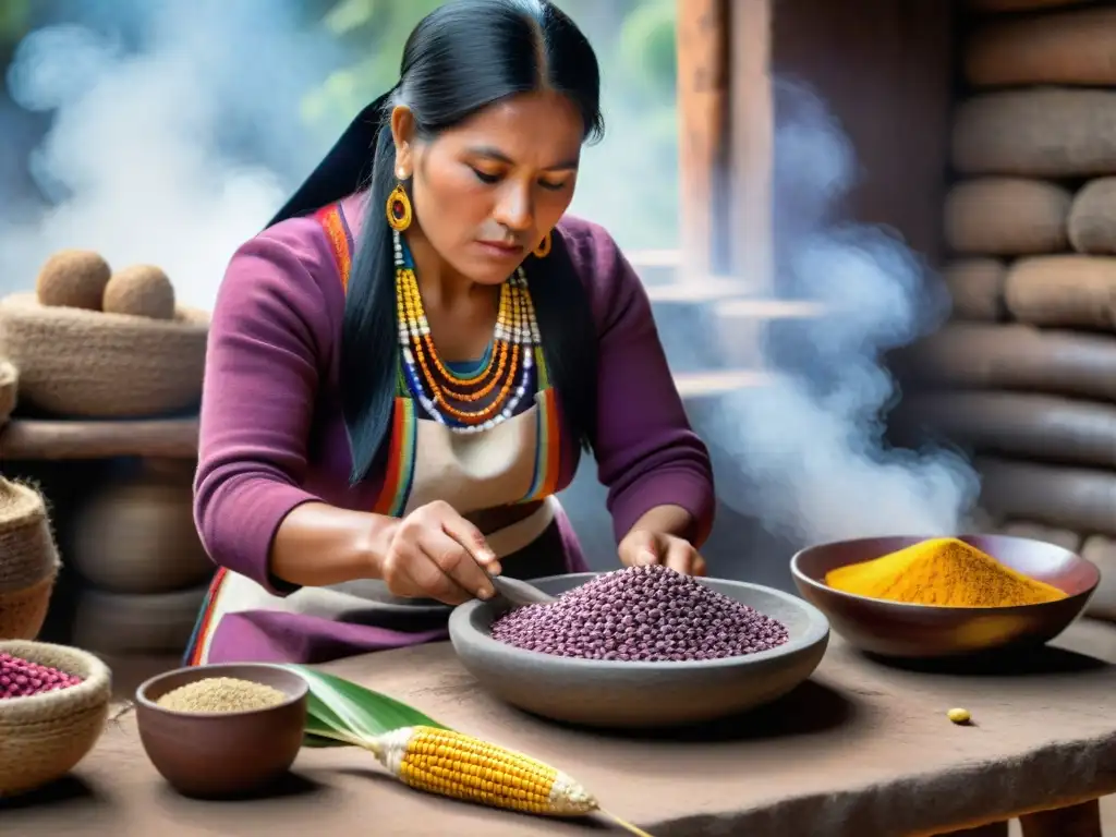 Una mujer peruana viste traje tradicional, muele maíz morado en metate de piedra