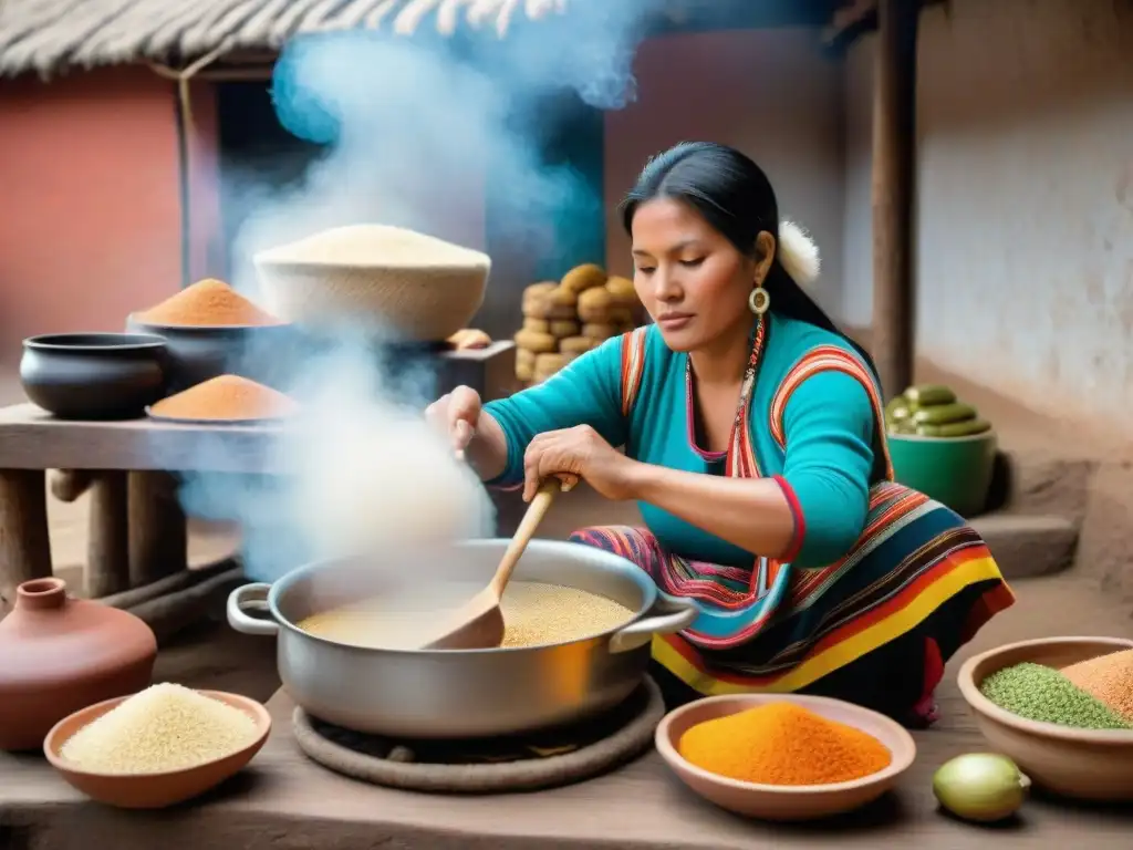 Una mujer peruana en traje tradicional prepara sopa de quinua en una cocina andina