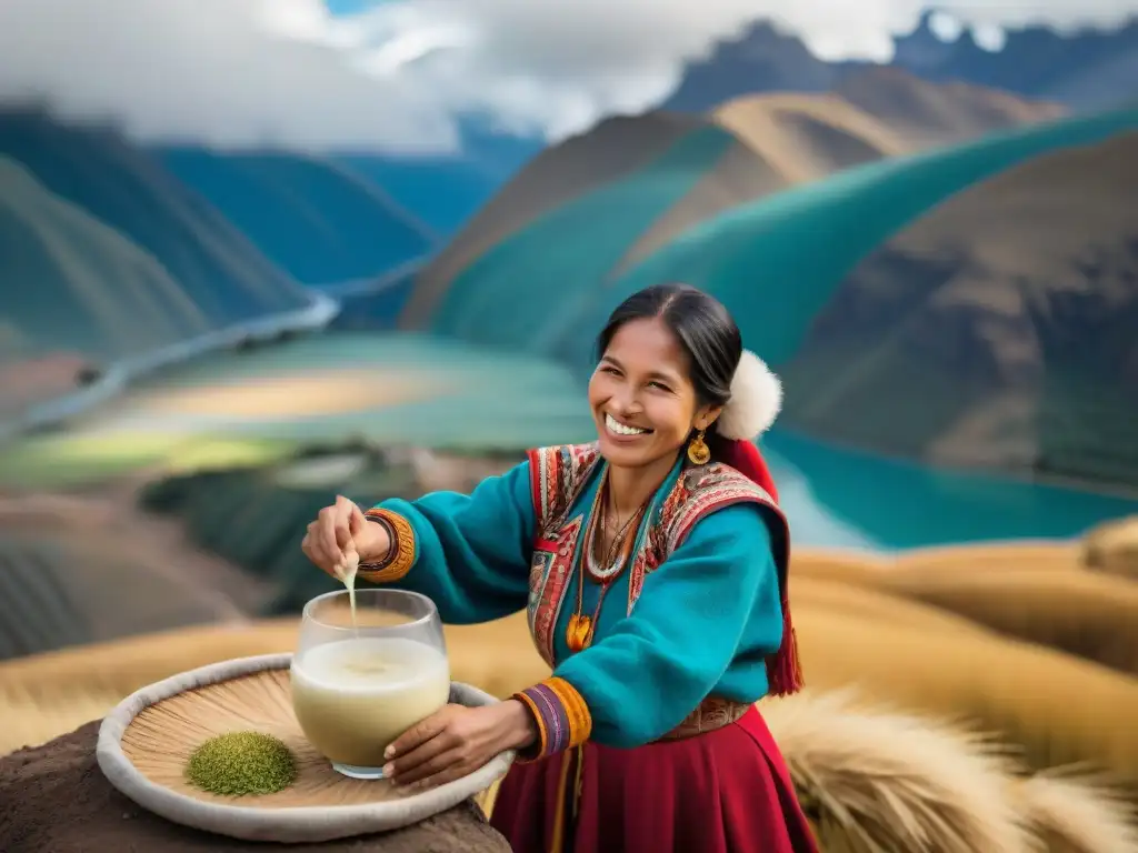 Una mujer peruana en traje tradicional de los Andes vierte agua de cebada peruana, con los Andes de fondo