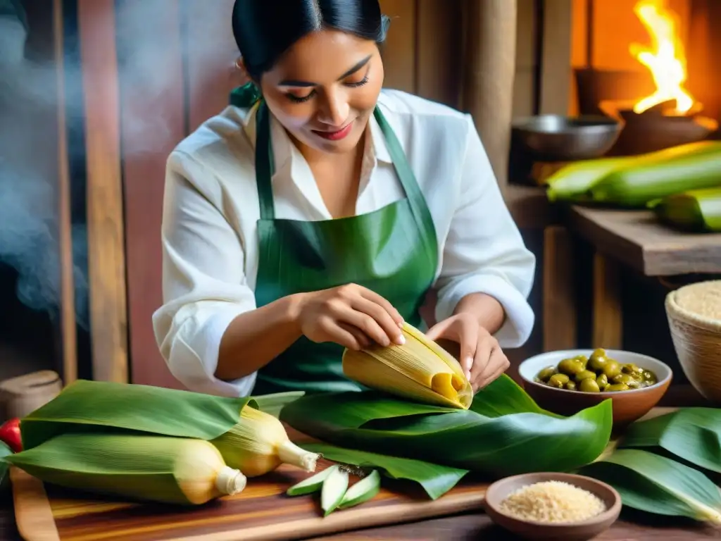 Una mujer peruana en vestimenta tradicional prepara tamales en cocina rústica