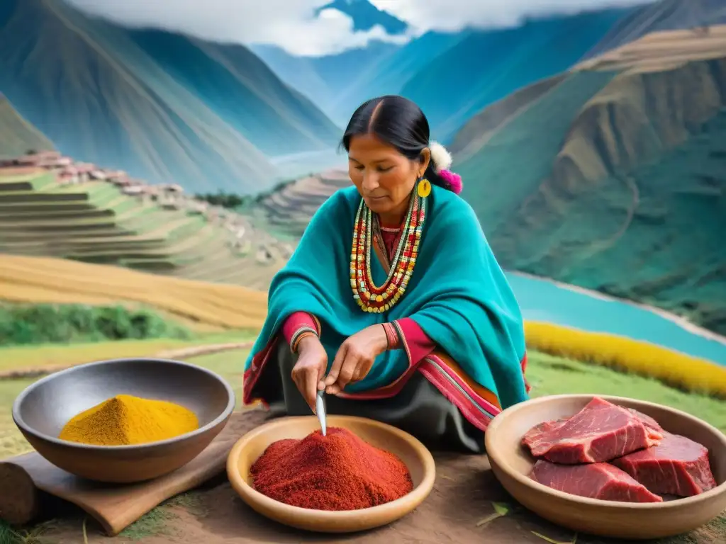 Una mujer quechua preparando charqui en los Andes, mostrando la conservación de alimentos en Perú