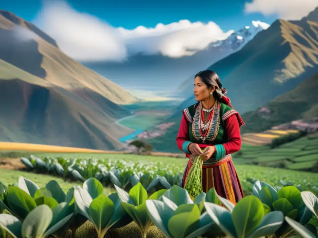Una mujer Quechua selecciona muña fresca en los Andes, mostrando conexión con la tierra y la tradición de su té