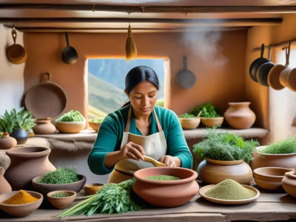 Una mujer Quechua preparando hierbas Andinas en la cocina tradicional