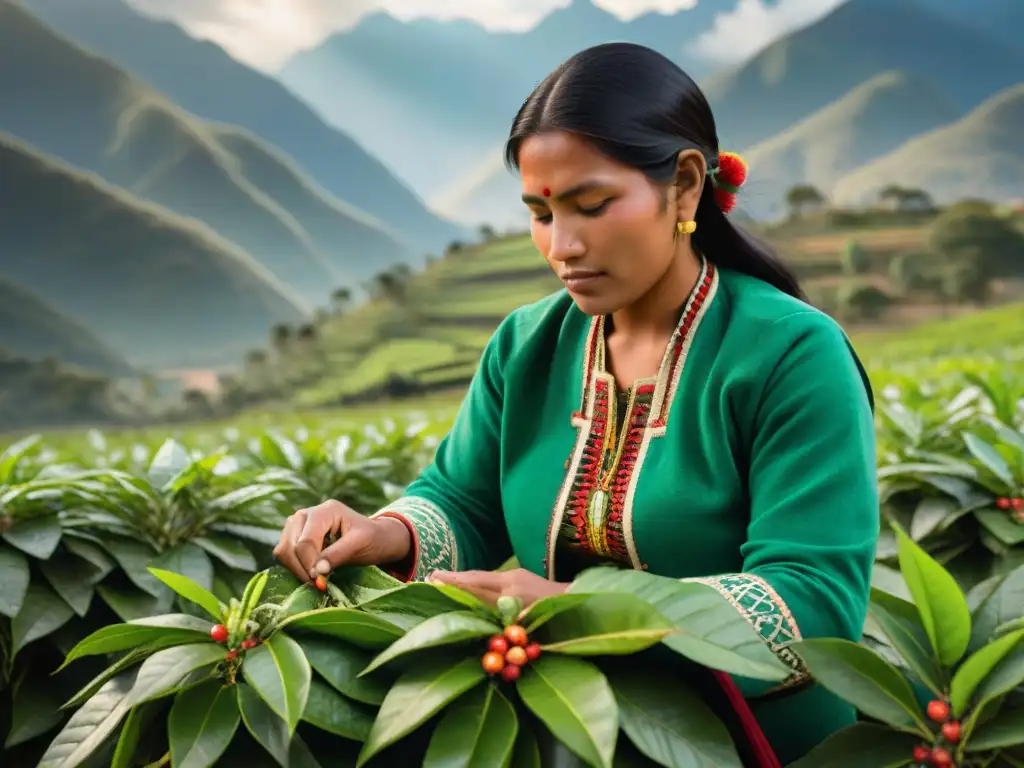 Una mujer Quechua cosecha hojas de coca en la tradicional elaboración de mate de coca en los Andes