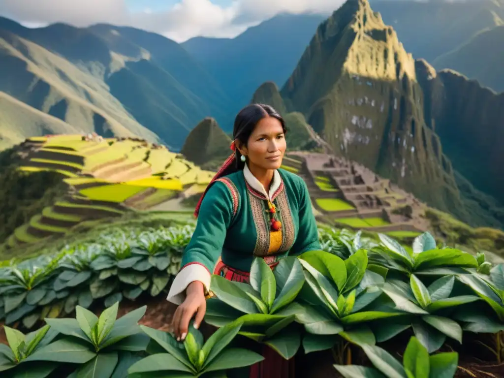 Una mujer Quechua cosechando hojas de coca en los Andes, con el sol iluminando los campos