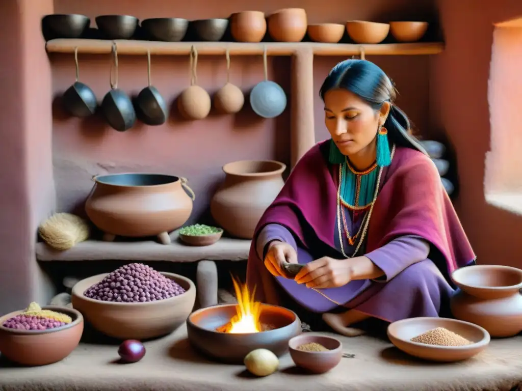 Una mujer Quechua preparando ingredientes autóctonos peruanos en cocina tradicional andina