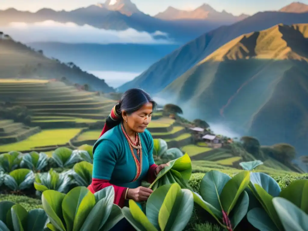 Mujer Quechua recolectando muña al amanecer en los Andes, evocando la tranquilidad del té de muña beneficios Andes