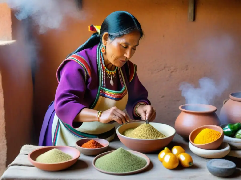 Una mujer quechua prepara un platillo de fusión gastronómica peruana con ingredientes autóctonos en una cocina andina tradicional