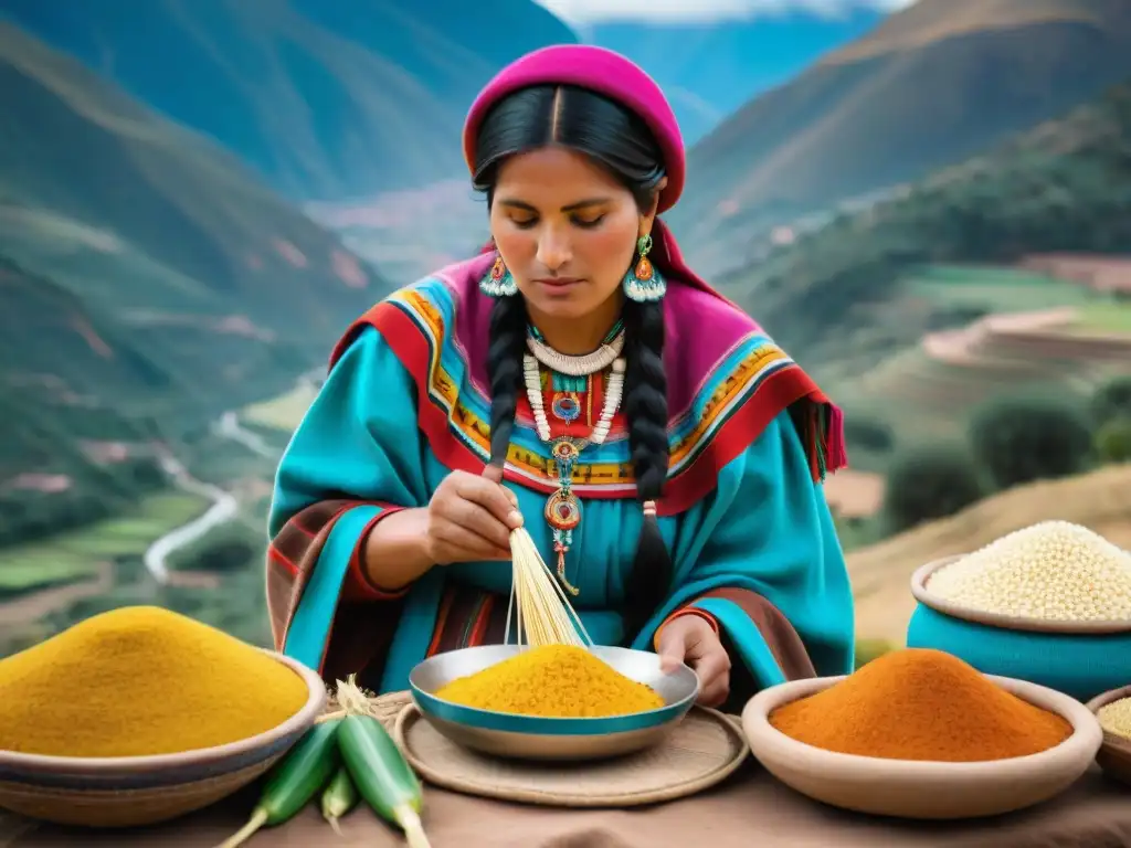 Una mujer Quechua elabora platillos maiceros en el Festival Gastronómico Valle Sagrado Maíz, rodeada de paisajes impresionantes