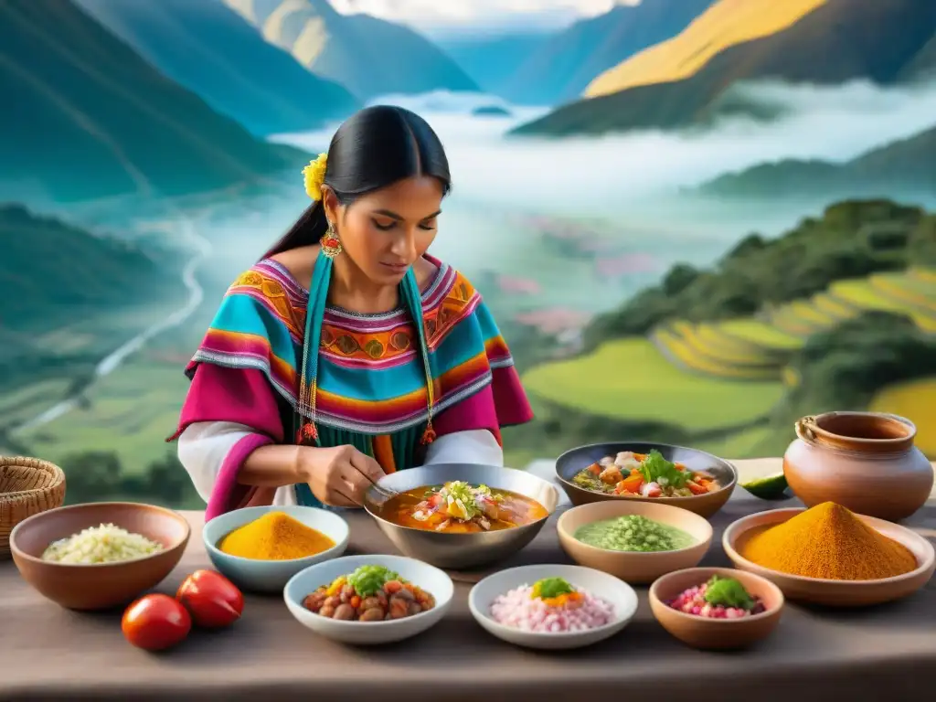 Una mujer Quechua prepara platos tradicionales con destreza frente a los Andes, resaltando la gastronomía peruana platos tradicionales