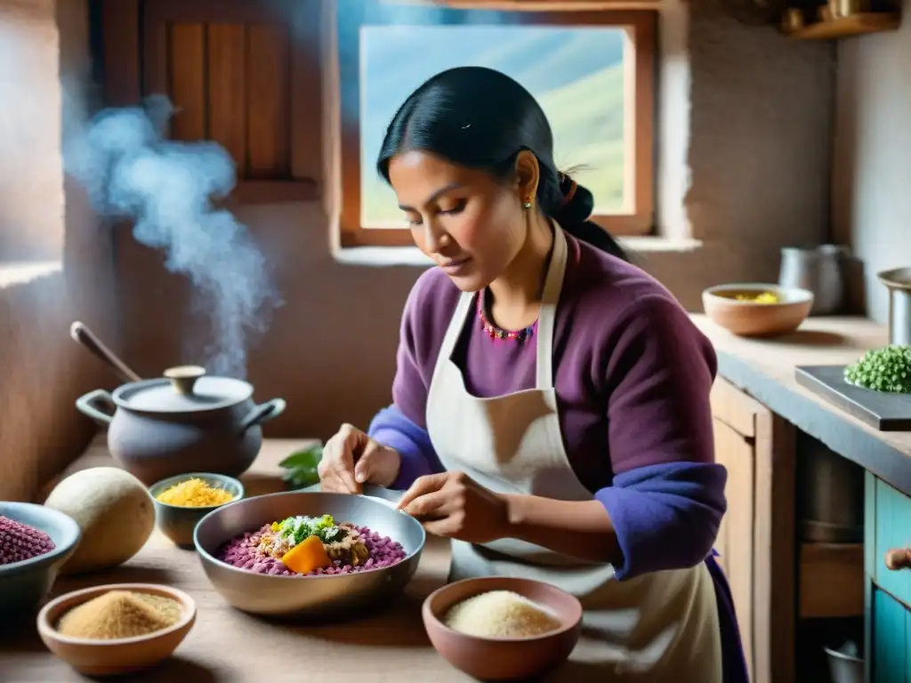 Una mujer quechua preparando platos tradicionales en la cocina andina, con ingredientes vibrantes