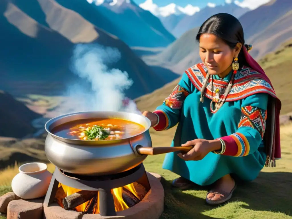 Una mujer Quechua prepara la Sopa ancestral Saralawa en los Andes, entre colores vibrantes y montañas impresionantes