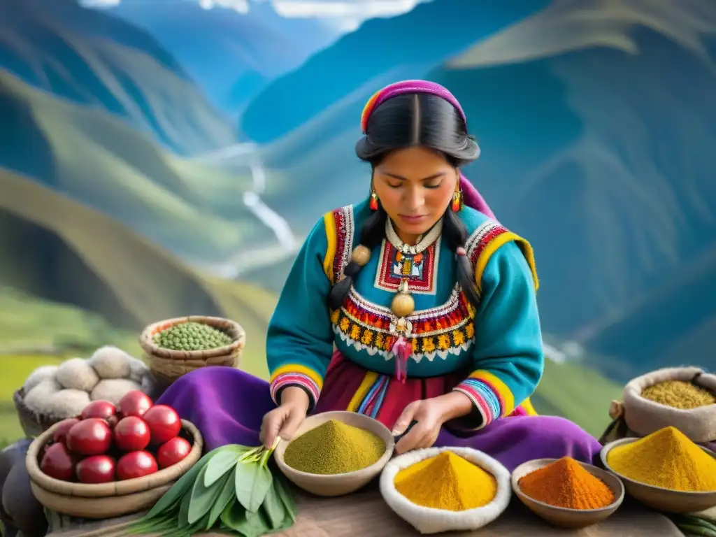 Una mujer Quechua en traje tradicional peruano preparando ingredientes autóctonos gastronomía peruana ante los imponentes Andes