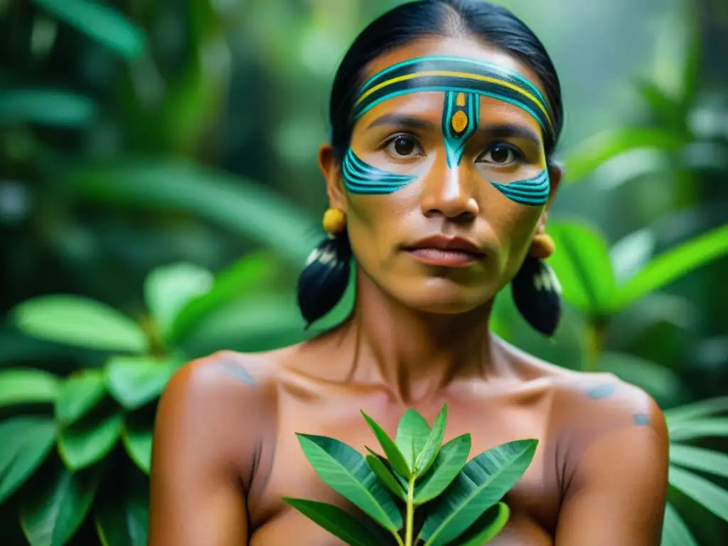 Una mujer ShipiboConibo cosechando plantas medicinales en la selva del Perú, con rostro y brazos pintados, en armonía con la biodiversidad