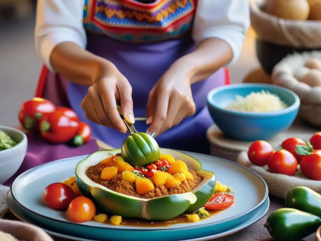 Una mujer tradicional en Arequipa preparando rocoto relleno en mercado local: Gastronomía peruana platos tradicionales Arequipa