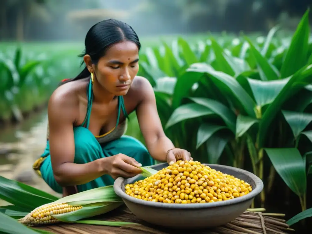 Una mujer de la tribu Kichwa selecciona y lava maíz para hacer chicha de jora amazónica, rodeada de exuberante vegetación