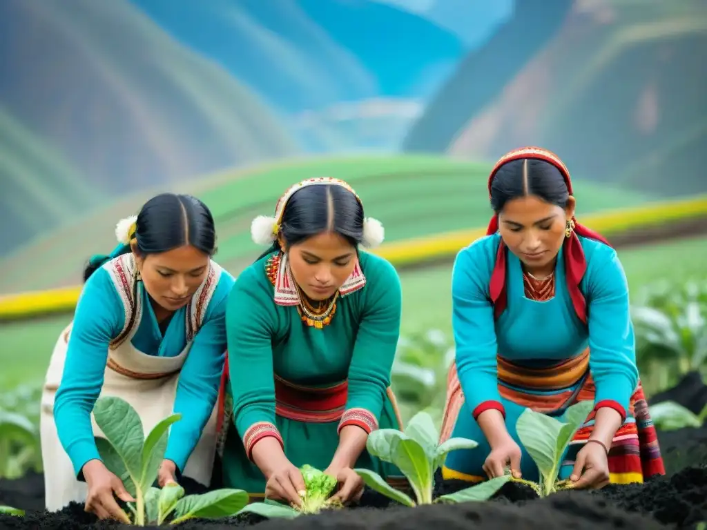 Mujeres agricultoras peruanas, trabajando en campo verde, vistiendo atuendos tradicionales