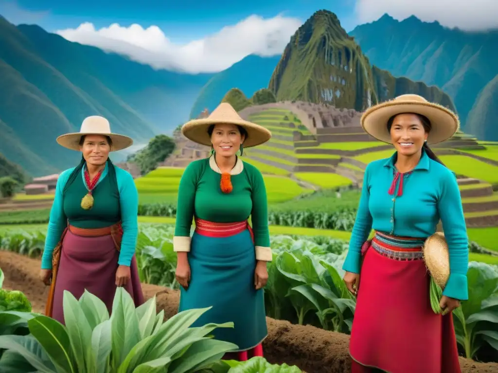 Mujeres agricultoras peruanas en campo verde, trabajando juntas bajo el sol