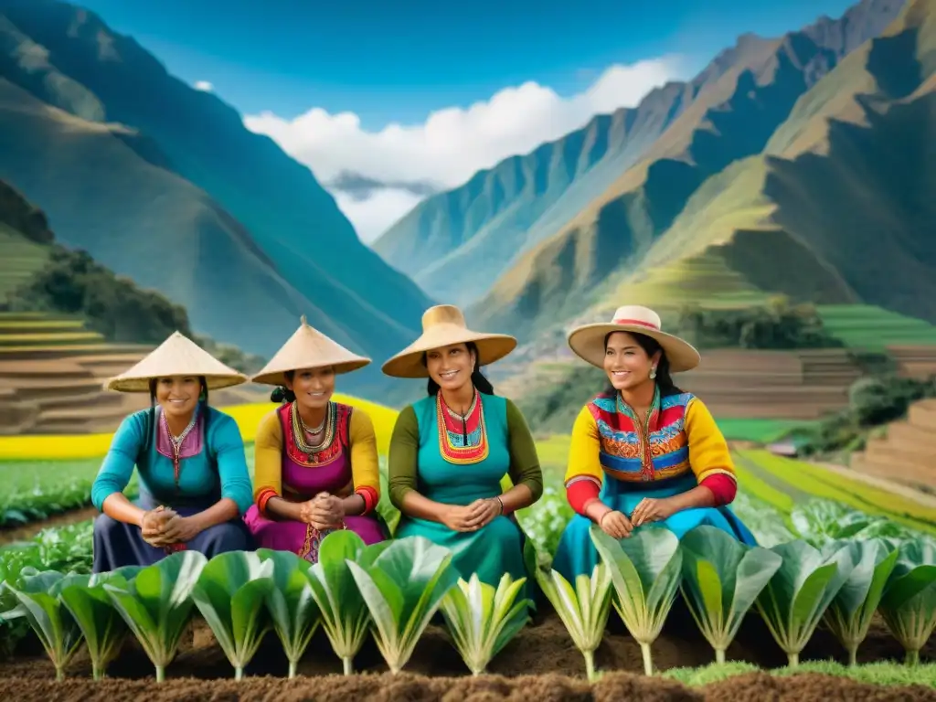 Mujeres agricultoras peruanas en coloridos trajes tradicionales cultivando en los Andes