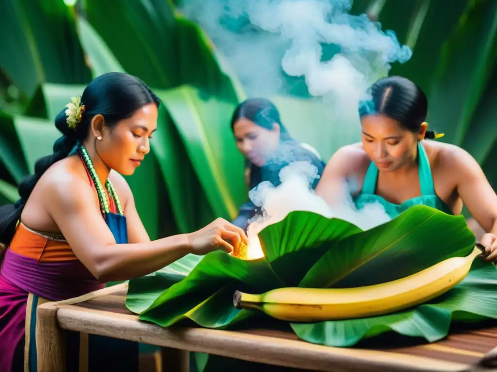 Mujeres amazónicas preparando Juane, plato típico amazónico, en comunidad con tradición y destreza