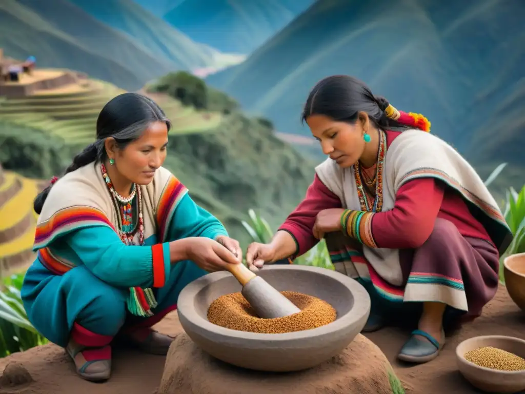 Mujeres Andinas preservando biodiversidad con ancestral grano moliendo en paisaje andino