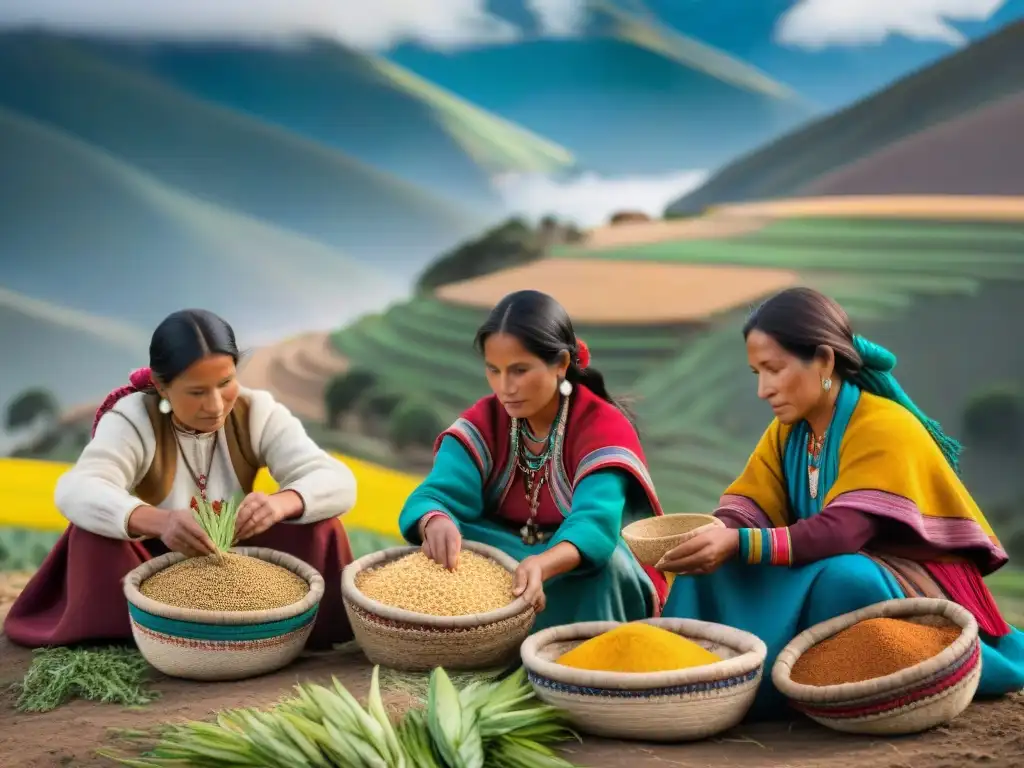 Mujeres Andinas preservando la biodiversidad ancestral con maíz y quinua en cestas artesanales, bajo el sol andino