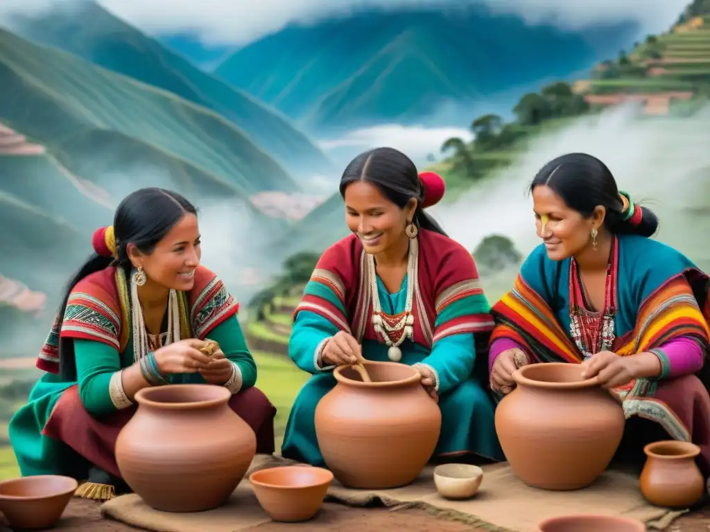 Mujeres andinas preparando la bebida ancestral chicha de jora con técnicas antiguas, rodeadas de textiles y cerámica peruana