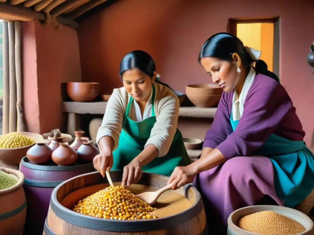 Mujeres andinas preparan chicha en cocina rústica con ingredientes tradicionales