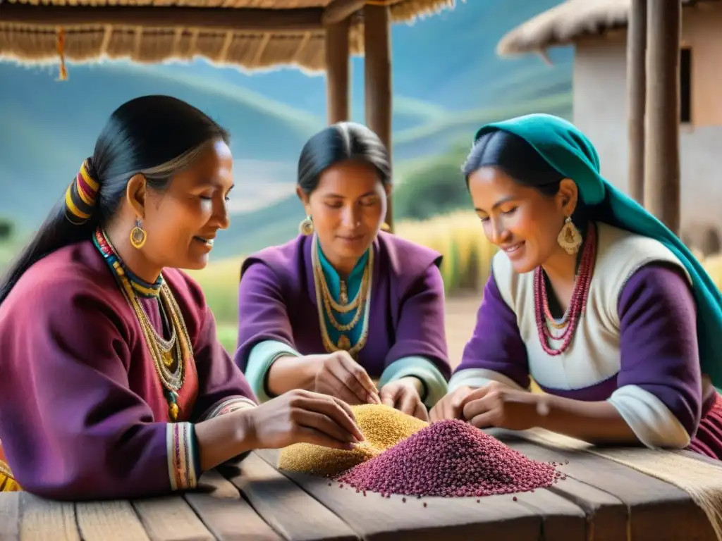 Mujeres Andinas preservando la biodiversidad con granos andinos en colorida escena