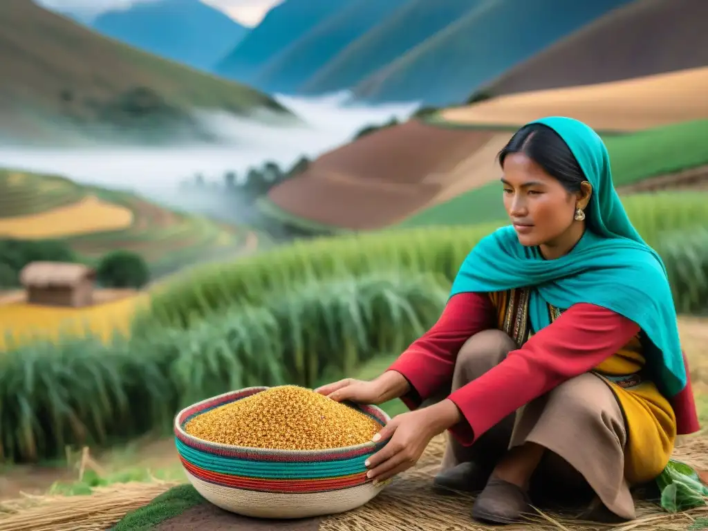 Mujeres Andinas preservando biodiversidad con granos nativos en cestas tejidas coloridas