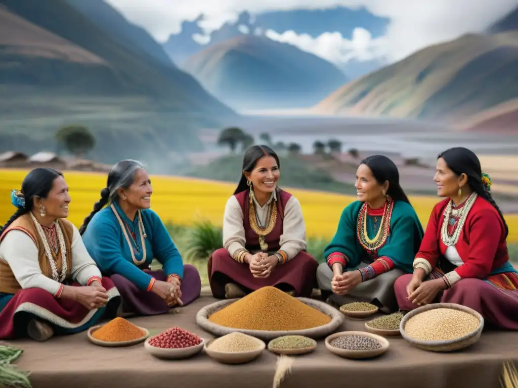 Mujeres Andinas preservando biodiversidad: Un grupo de mujeres Andinas en atuendos tradicionales, discutiendo frente a granos y semillas nativas