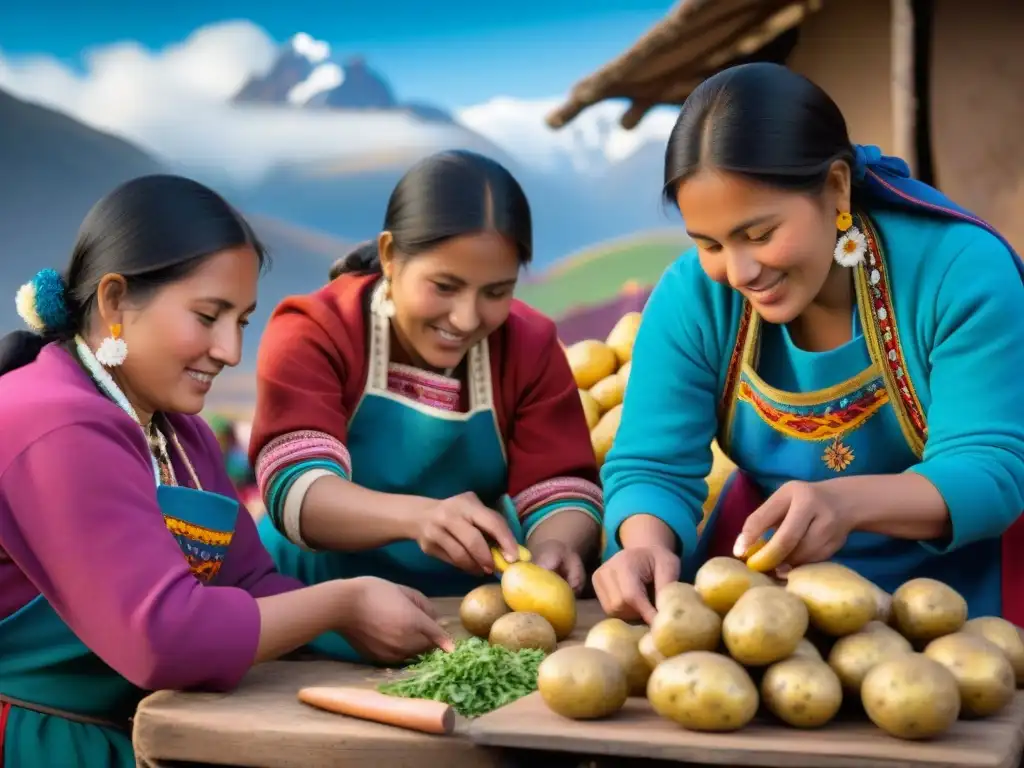 Mujeres andinas preparando papas para el Festival de la Papa Andina, entre montañas majestuosas