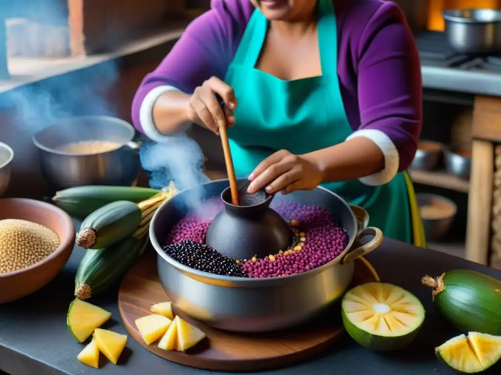 Mujeres preparando Chicha Morada con maíz morado, piña y especias en una cocina tradicional peruana