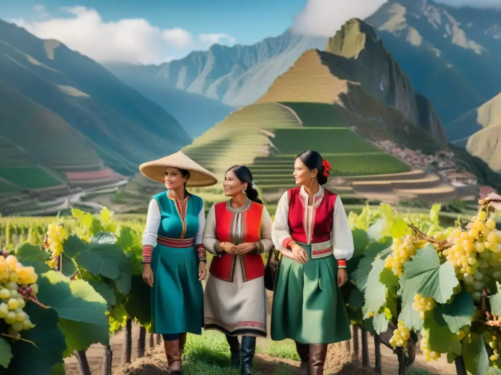 Mujeres de diversas edades y etnias trabajan en viñedo peruano bajo el sol, creando vino