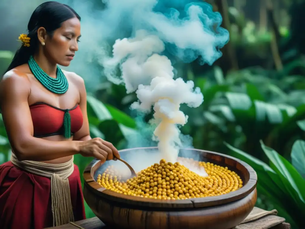 Mujeres indígenas de la Amazonía preparando chicha de jora en la selva, destacando su tradición culinaria y cultural