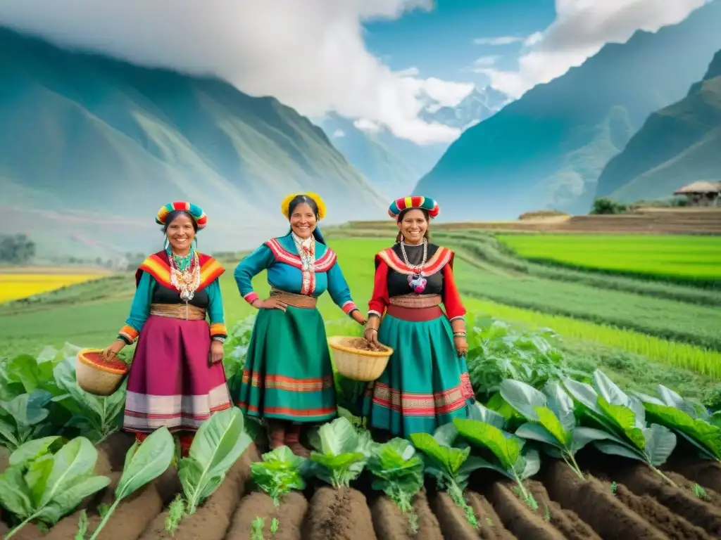 Mujeres indígenas en campo peruano, visten trajes coloridos, cultivan con alegría