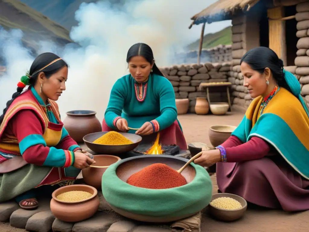 Mujeres indígenas en cocina andina tradicional con técnicas culinarias andinas tradicionales