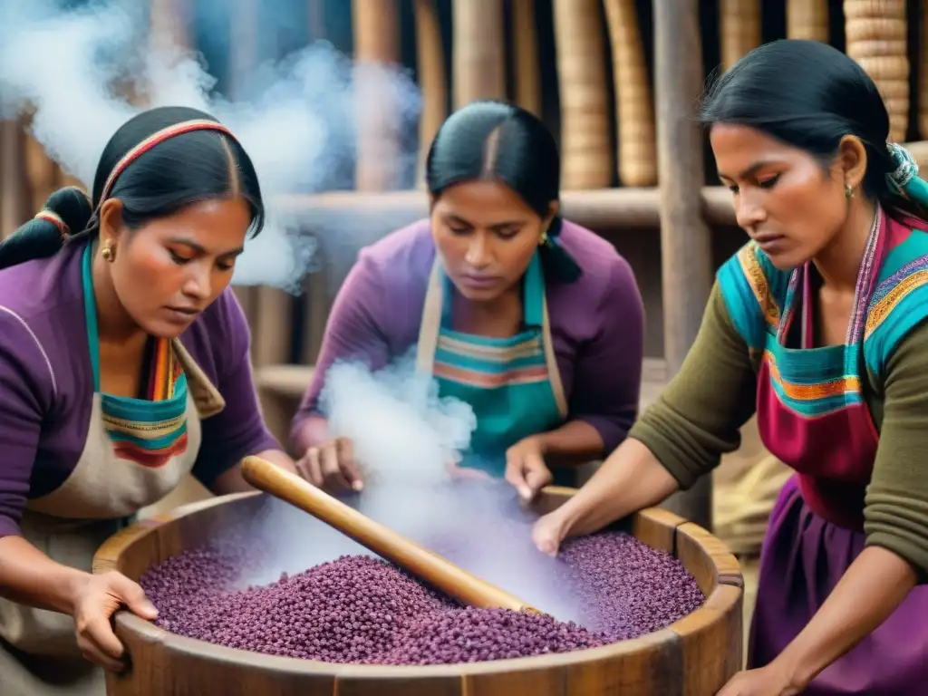 Mujeres indígenas trabajan en guías fermentados tradicionales peruanos de maíz morado en un entorno rústico y colorido