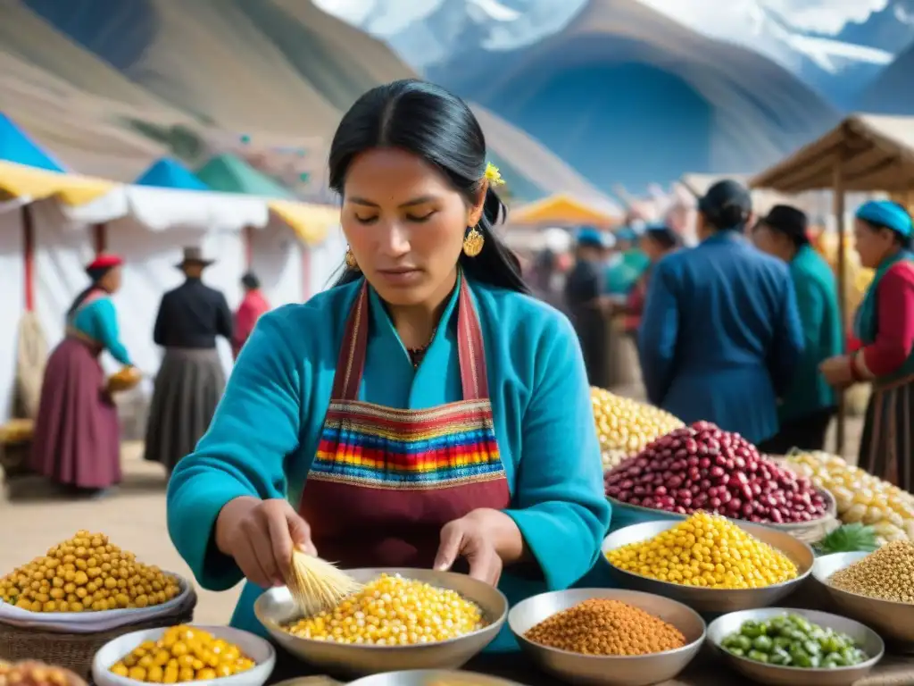 Mujeres indígenas en el Festival del Choclo en Huaraz preparando maíz ante una multitud diversa y colorida, con la Cordillera Blanca de fondo