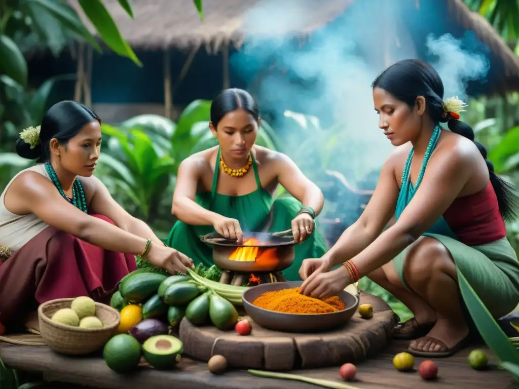 Preparación ancestral de festín amazónico por mujeres indígenas Mujeres indígenas preparando una fiesta con ingredientes autóctonos en la selva