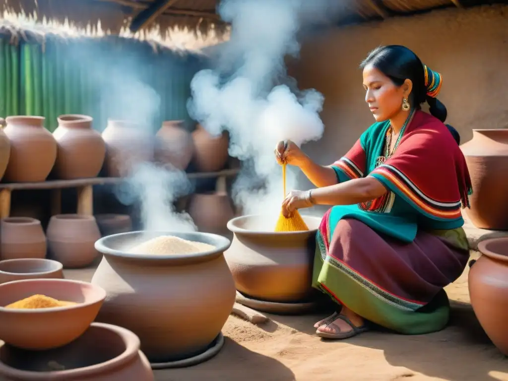 Mujeres indígenas peruanas preparan chicha de jora en ollas de barro, mostrando la fermentación de alimentos peruanos con tecnología ancestral