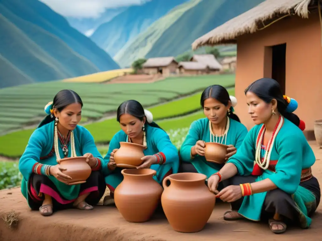 Mujeres indígenas peruanas preparando chicha de maní tradicional norte Perú en paisaje montañoso y campos verdes