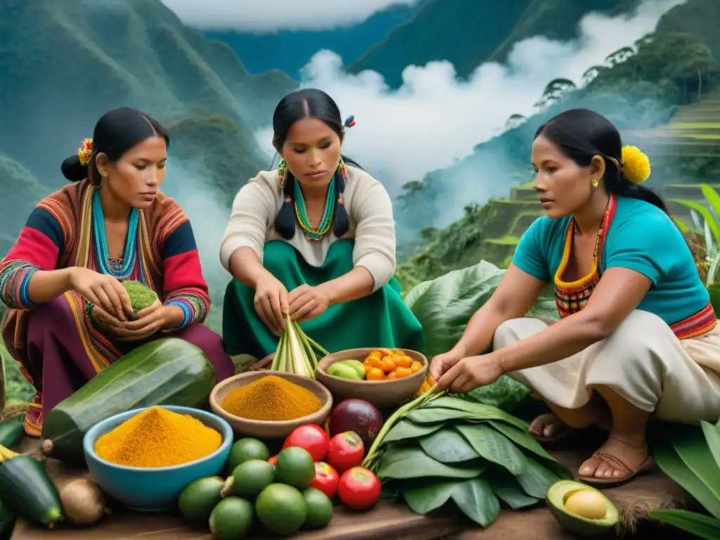 Mujeres indígenas peruanas preparando ingredientes de la selva para cocina tradicional selva peruana