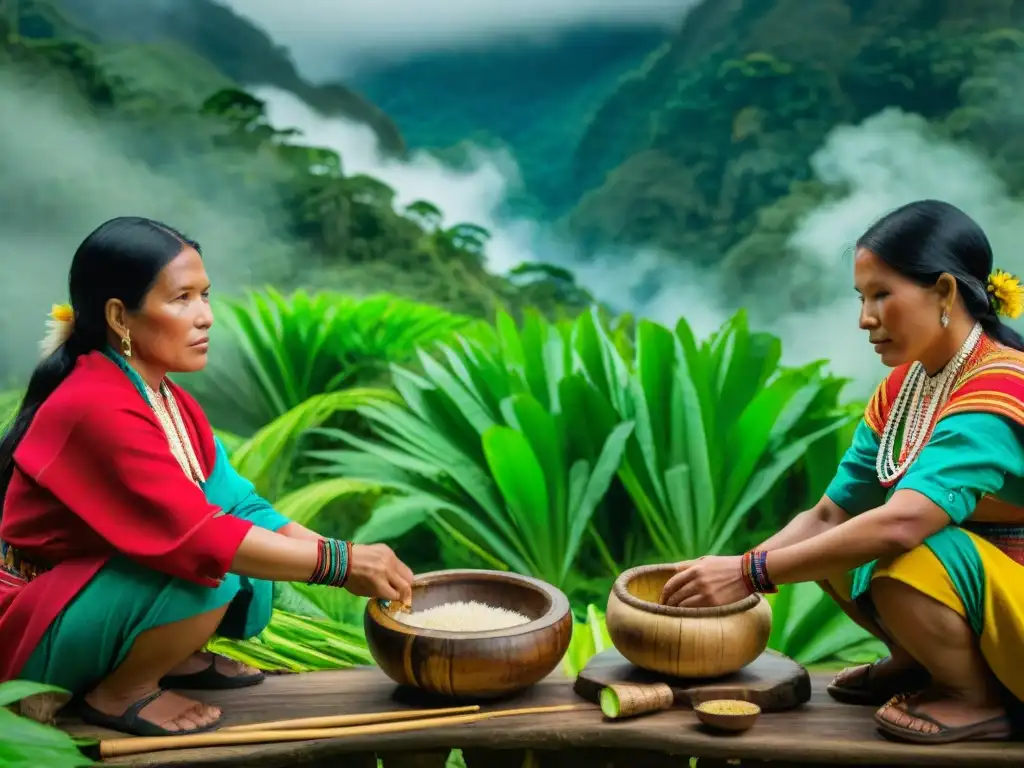 Mujeres indígenas peruanas preparando masato amazónico en la selva, destacando la cultura y los beneficios del masato amazónico