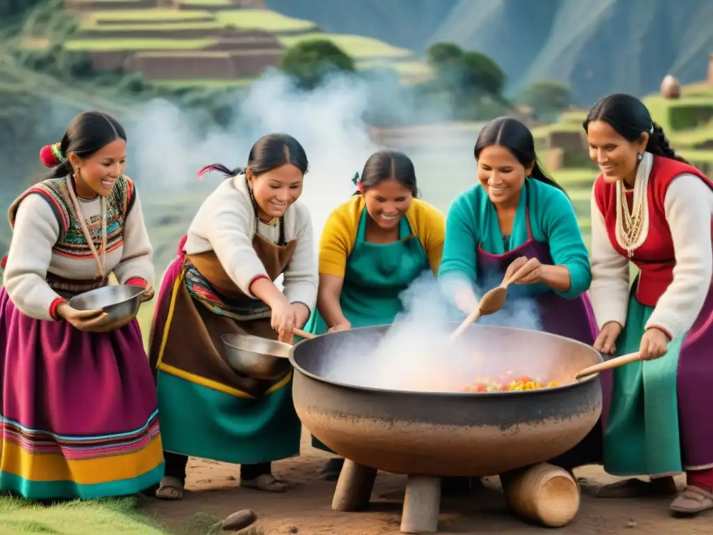 Mujeres indígenas peruanas cocinando plato tradicional, cultura culinaria peruana ingredientes autóctonos