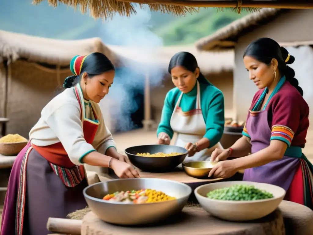 Mujeres indígenas peruanas preparando platos ancestrales en cocina rústica